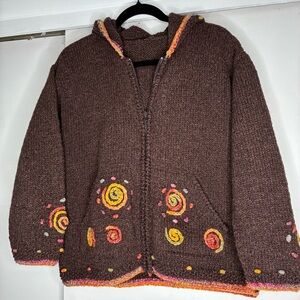 Wool full zip sweater. Unique. Boho. S/M. Colorful detail. Pachamama?